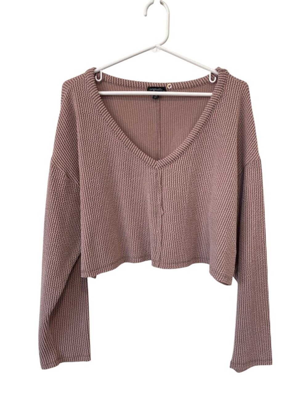 Originality Cropped Top Medium Ribbed V Neck Long Sleeve Textured Pullover Mauve